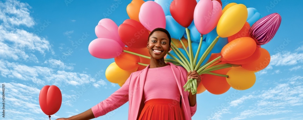 Fototapeta premium Young woman holding colorful balloons against a bright blue sky, smiling in joyful celebration