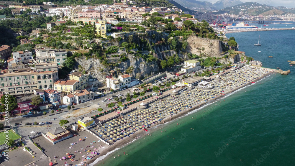 Obraz premium Beautiful aerial view of Marina di Vietri beach with turquoise sea and cliffs