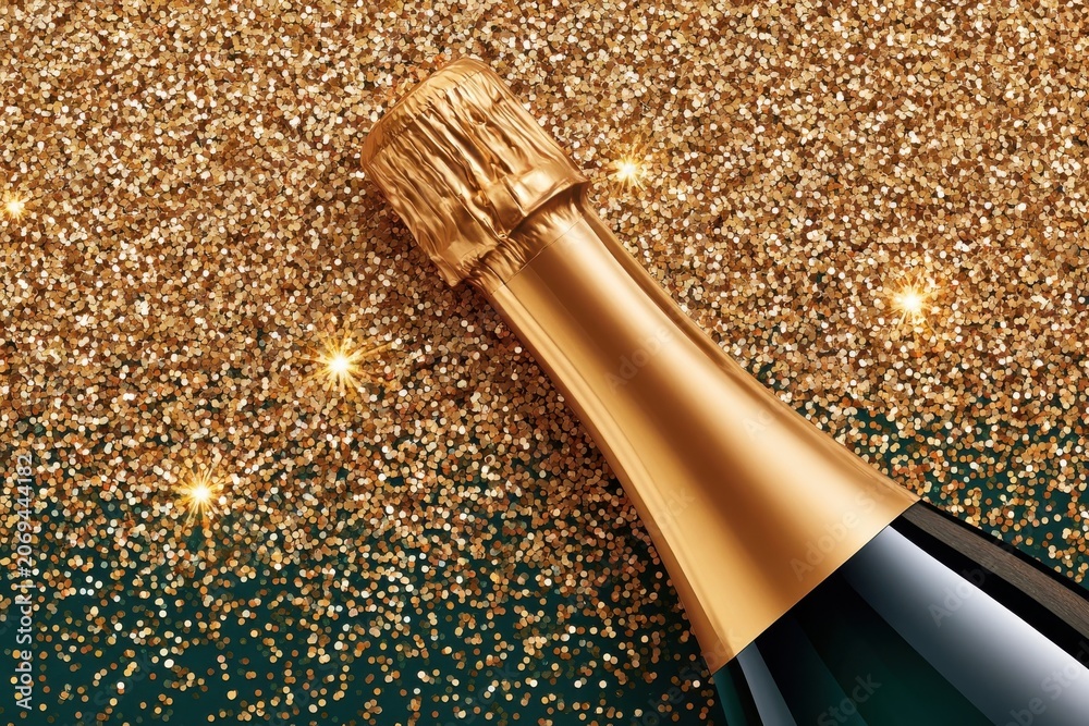 Fototapeta premium Golden champagne bottle on glittering gold and green background for celebration and luxury
