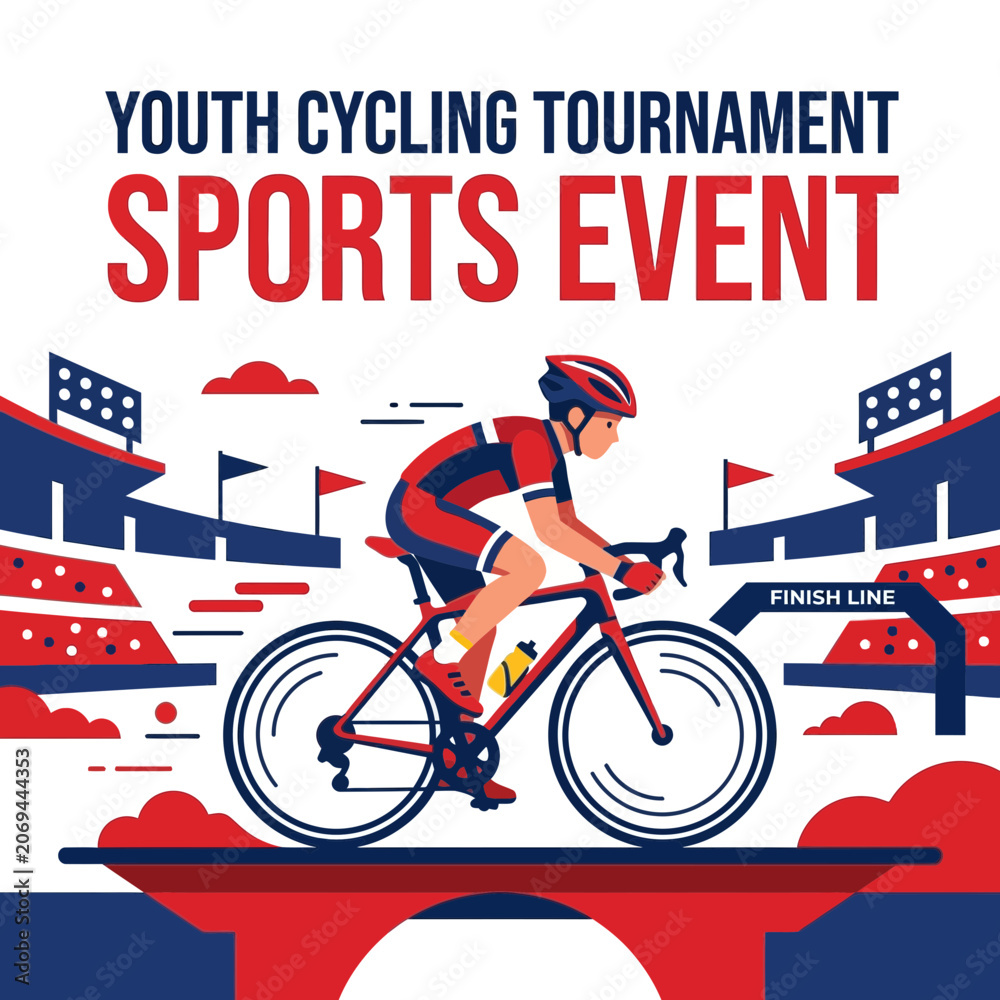 Fototapeta premium Youth Cycling Tournament Sports Event With Finish Line Spectators And Stadium