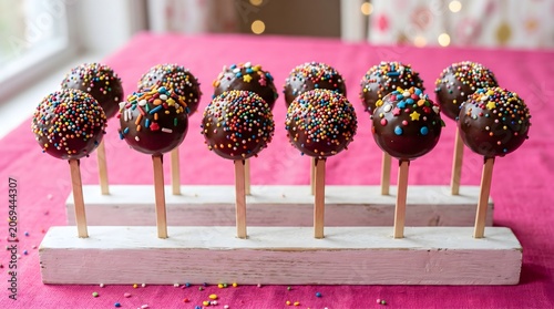 Delicious chocolate cake pops with colorful sprinkles on a pink background. Perfect for bakeries, party invitations, or dessert blogs.