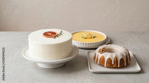 A minimalist display of three sophisticated gourmet cakes on plates. Perfect for fine dining menus, luxury food branding, or cafe ads.