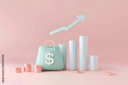 Financial growth concept with shopping bag, coins, and upward arrow on pink background