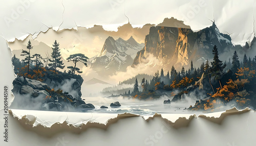 Pixelated mountain landscape with mist and pine trees, seen through a torn paper effect, warm golden light on peaks, serene wilderness vista