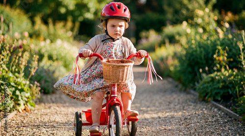 Cute Toddler Girl Rides Red Tricycle on Garden Path