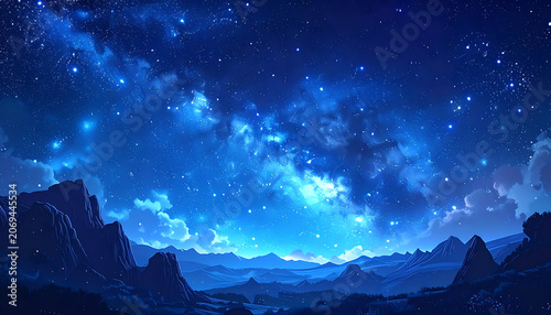 Pixelated night landscape with a vibrant starry sky and milky way over silhouetted mountains and hills, cosmic wonder