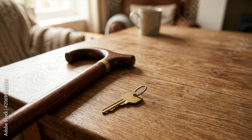 Empty Nest: A walking stick and a house key rest on a wooden table, symbolizing an empty nest and the transition into a new phase of life.