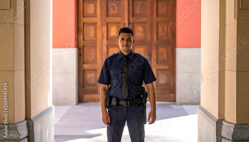 Pixelated police officer standing in front of a building entrance, digital art concept, security and law enforcement, surveillance and protection