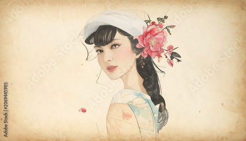 Pixelated portrait of a young woman wearing a white hat and pink flowers in her hair, vintage textured background, artistic representation