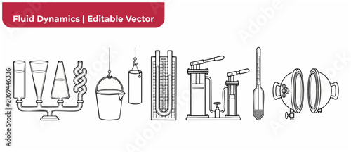 Fényképezés Fluid dynamics physics vector icons illustrating science experiment laboratory apparatus and educational school mechanics equipment, Magdeburg hemispheres, Pascal vessels, manometer, hydraulic pump