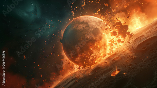 Planetary collision in deep space, dramatic cosmic impact event, massive planet crashing into moon, intense celestial explosion, dark space background, glowing debris and molten ro