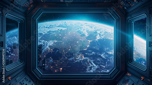 Orbital view of Earth from space, futuristic cockpit window, sci-fi observation deck, spacecraft view of planet, space exploration cockpit, deep space view from inside, Earth horiz
