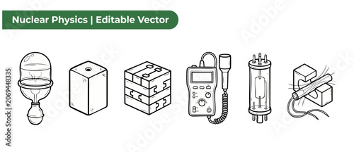 Photos Nuclear physics vector icon set featuring laboratory equipment like geiger counter, reactor core model, vacuum tube and science experiment apparatus for school education diagrams and physics research