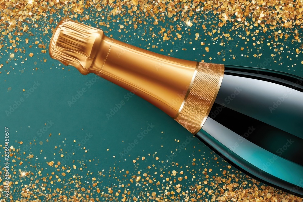 Fototapeta premium Champagne bottle on dark green background with gold glitter for luxury celebration and party