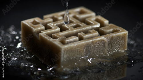 Decorative soap bar with intricate design placed on a reflective surface, water droplets falling onto it, creating ripples in the surrounding water