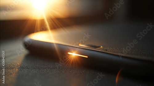 Close-up of smartphone on a textured surface with sunlight reflecting off the screen, creating lens flare and highlighting the device's sleek design