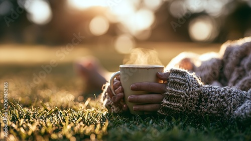 Person holding a warm mug of beverage outdoors in the grass during sunset