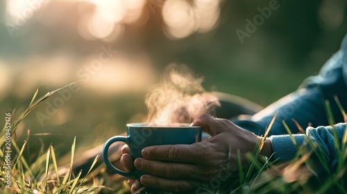 Person holding a steaming cup of coffee on a grassy field at sunrise