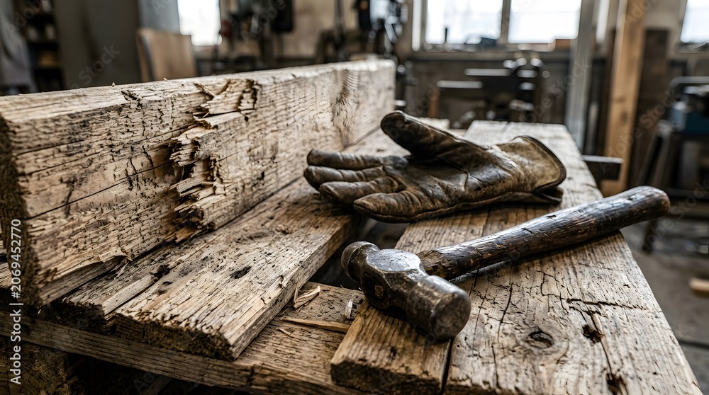Fototapeta premium Old hammer and gloves in workshop
