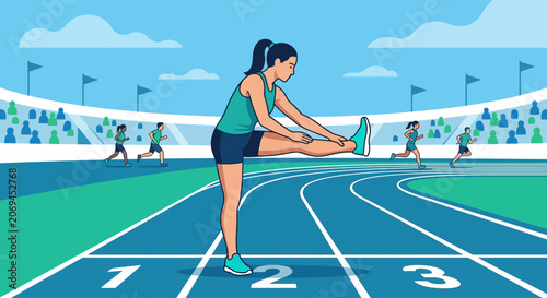 Active Athletes Stretch And Prepare To Compete On Track With Supportive Crowd