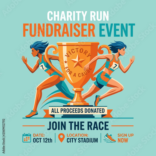 Active Charity Run Fundraiser Event Illustration With Runners And Trophy Graphic Elements
