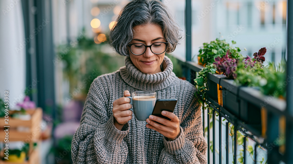 Fototapeta premium A wide shot of a woman drinking softly calm coffee and using a mobile phone on a bright home balcony balcony coffee open face bright outdoors daylight workspace full scene