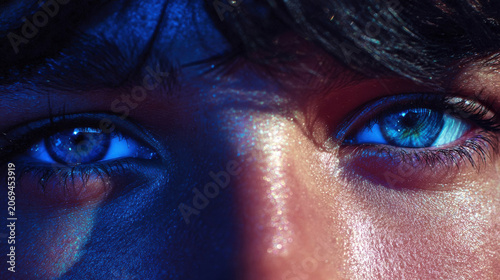 Close-up of a young person with striking blue eyes and dark hair illuminated by dramatic lighting, showcasing skin texture and vibrant colors in a visually captivating manner