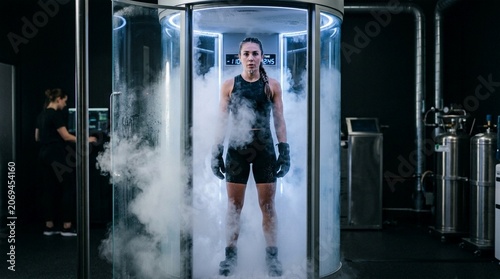 Woman undergoing cryotherapy in a futuristic chamber filled with mist, experiencing cold therapy for recovery and wellness