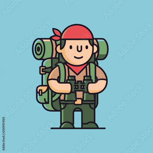 Cartoon hiker with big backpack smiling.