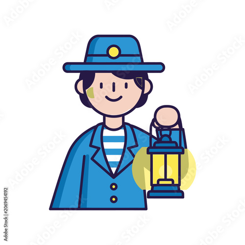 Cartoon man in blue uniform holding lantern.