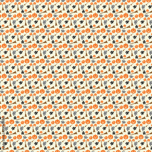 Halloween seamless pattern background with spooky pumpkins ghosts haunted houses and witch brooms vector