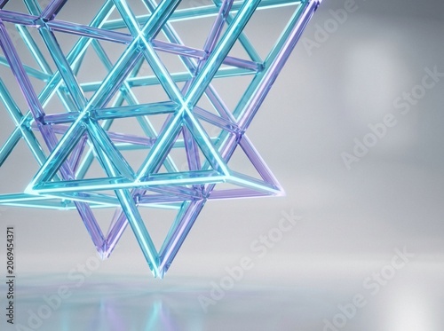 3D render of a futuristic glass geometric star structure with glowing cyan and purple neon light tubes on a clean light gray background