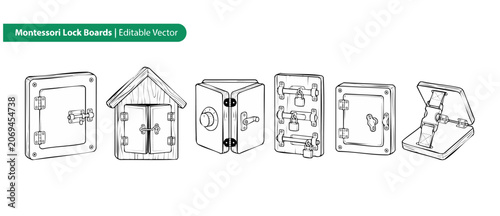 Wooden lock board vector illustration of sensory activity busy board elements featuring latches locks buckles and keys for children fine motor skills educational game design black and white line arts.
