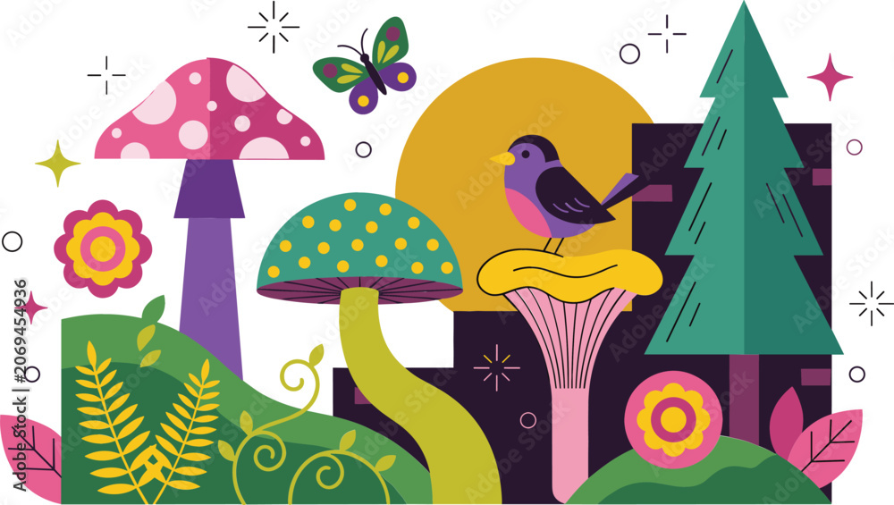 Fototapeta premium Whimsical Forest Vector Illustration with Colorful Mushrooms Cute Bird Butterfly Pine Tree and Celestial Elements for Mystical Graphic Designs