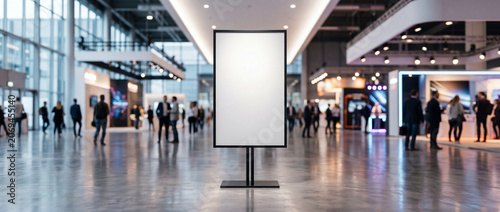 Blank white display stand in a busy exhibition hall with blurred people walking past, showcasing a modern event space with bright lighting and a polished floor