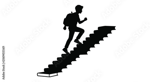 Student Silhouette Climbing Stacked Books On White Background