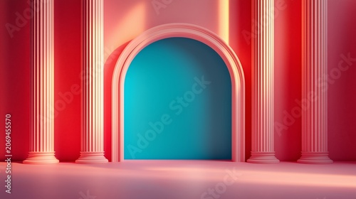 Pink architectural mockup stage with classical columns and blue archway