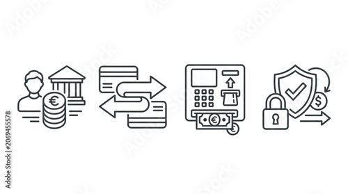 Financial transaction icons showing banking, credit cards, ATM, and security
