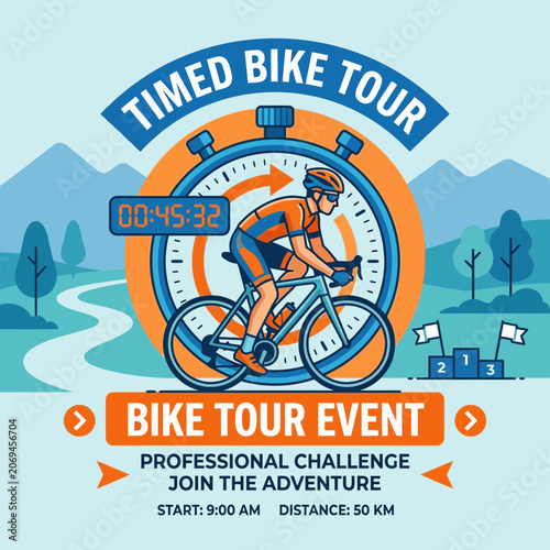 Timed Bike Tour Event Professional Cycling Challenge Adventure Illustration
