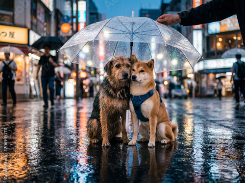 Purebred and mixed breed dogs resting together under an umbrella on a rainy city street, symbolizing compassion, equality, inclusion, friendship, animal welfare, and pet adoption.