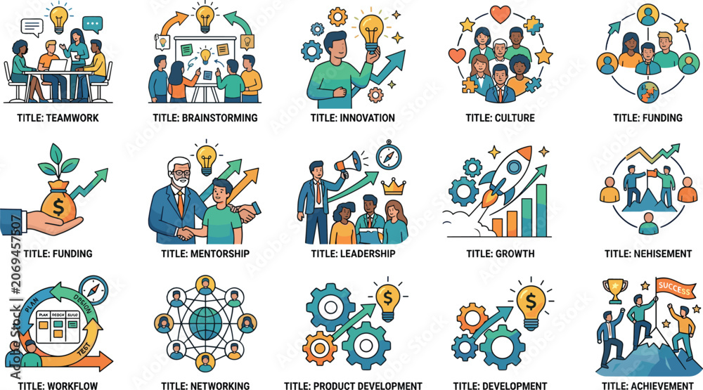 Fototapeta premium Business Growth and Leadership Icon Set Featuring Teamwork Innovation Networking Mentorship Achievement and Professional Development