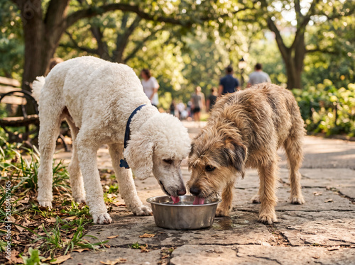 Rescue dog and purebred poodle drinking from the same water bowl in a park, symbolizing equality, inclusion, friendship, compassion, pet adoption, and animal welfare.