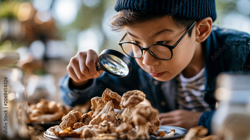 Obraz premium A wide shot of a boy examining softly calm mushrooms with a magnifying glass outdoors during a bright educational activity magnify mushrooms open face bright outdoors daylight