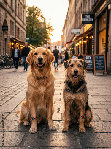 Rescue dog and golden retriever sitting together on a city street, symbolizing pet adoption, equality, friendship, animal welfare, inclusion, and responsible pet ownership.