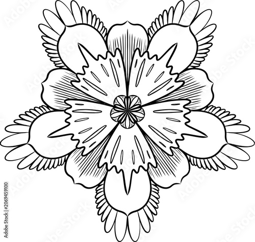 Symmetrical Vector Abstract Flower with Petals and Leaves