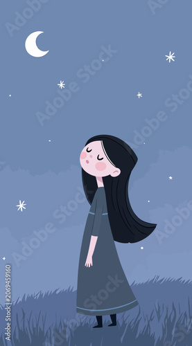 Fotografie A young girl stands in a field of grass, gazing at the moonlit sky