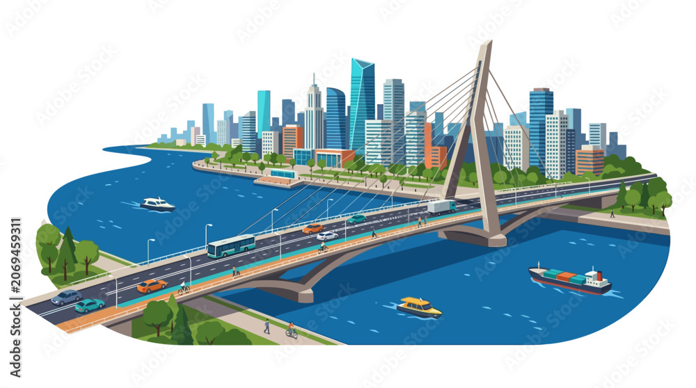 Fototapeta premium Modern City Skyline with Suspension Bridge Over River, Urban Landscape