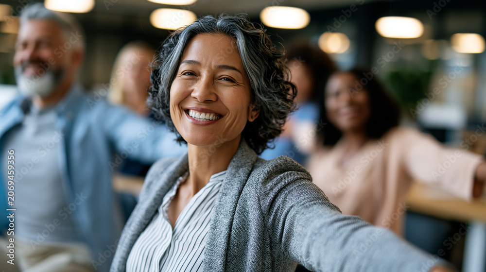 Fototapeta premium A wide shot of a group of adults stretching softly their arms together during a calm bright office exercise break office stretch open faces bright office daylight workspace