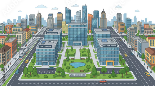 Modern Cityscape with Office Buildings, Green Spaces, and Transportation