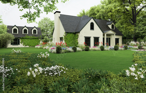 Elegant country house with lush landscaped garden